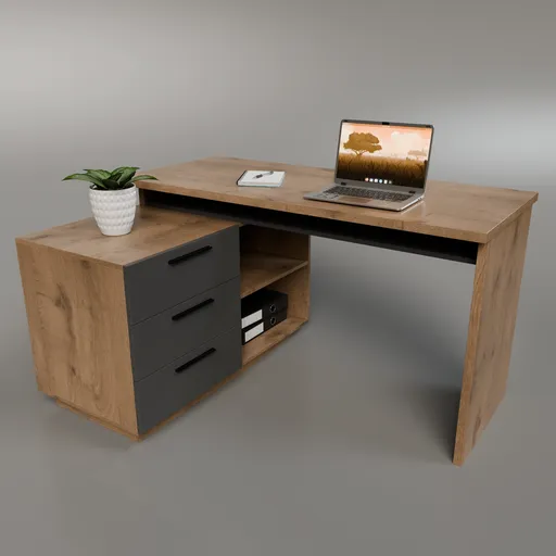 Detailed 3D model featuring a wooden office desk with drawers, laptop, and plant, ideal for Blender 3D office simulations.