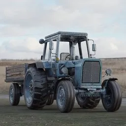 "Blue Soviet-style farm tractor parked in grass, with detailed Unreal Engine 5 render and rugged, dirty appearance. 5 UDIM 2K texture included. Inspired by Mikhail Lebedev."