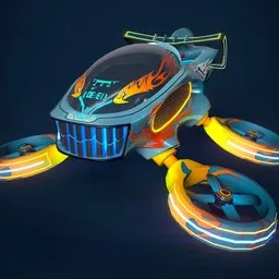 "Blue Toon Car is a highly detailed aircraft 3D model for Blender 3D, featuring sleek lines, glowing wheels, and a large propeller. With its PBR texture and free shared substance file, this model is perfect for sci-fi transport and drone speedway designs."