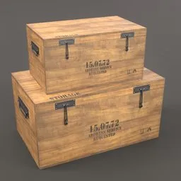 "Low poly Wooden Storage Box with metal handles and label, ideal as a game asset or render prop. Detailed texture rendering with vintage design inspired by a military storage crate from Stalingrad. Created using Blender 3D software."