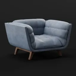 "High-definition 3D render of an elegant, hyperrealistic blue sofa with a wooden frame and leather upholstery. This 3D model for Blender 3D features an asymmetrical design, non-Euclidean shape, and is perfect for virtual metaverse rooms or interior design projects. Customizable with a hue saturation node for easy color changes."