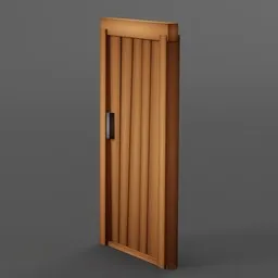 "Wooden door 3D model for Blender 3D - CUBIC WORLDS design, perfect for Betty Fleetfoot movie. Features handle on gray background, with strong rimlight and fine fiberglass details. Inspired by Béla Kondor and Radi Nedelchev."
