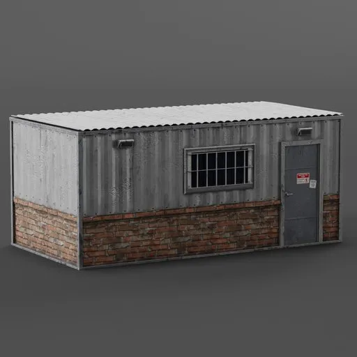 Detailed 3D model of a metallic utility office with brick base, suitable for construction sites, rendered in Blender.