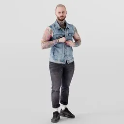 Detailed tattooed male 3D model in denim vest and black jeans using Blender 3D.