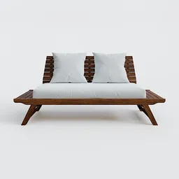 Modern 3D-rendered Blender model of a wooden outdoor seat with plush white cushions and sleek design for patios or gardens.