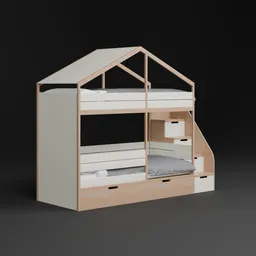 3D-rendered twin-sized bunk bed with storage, Blender compatible, MDF-textured for children's room design.