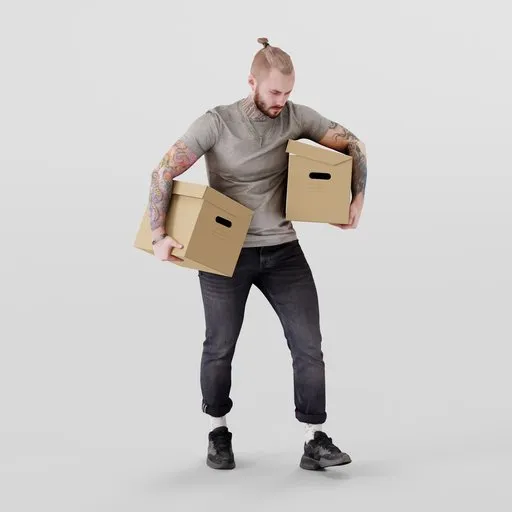 Detailed 3D model depicting a tattooed man in casual attire, carrying cardboard boxes, suitable for Blender rendering.