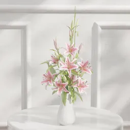 White Vase with Pink Lily Arrangement