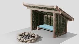 Rustic 3D modeled shelter with bed and campfire, optimized for Blender rendering.