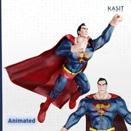 LowPoly PBR Superman-inspired 3D model in pose, optimized for Blender, game-ready with animations.