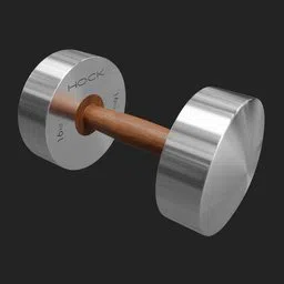 3D-rendered silver and wood dumbbell, realistic Blender model, gym equipment, 16kg weight digital visualization.
