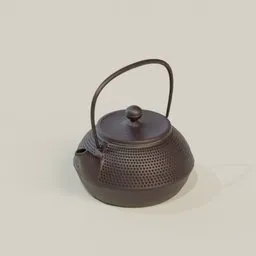 Realistic 3D model of a cast iron teapot, optimized for Blender, showcasing intricate mesh design with a sturdy handle.