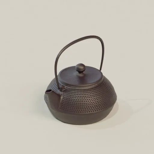 Realistic 3D model of a cast iron teapot, optimized for Blender, showcasing intricate mesh design with a sturdy handle.