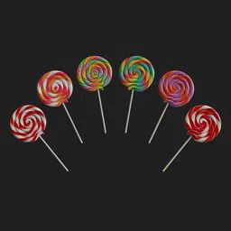 Variety of colorful spiral lollipop 3D models displayed on a grey background, ideal for Blender 3D projects.