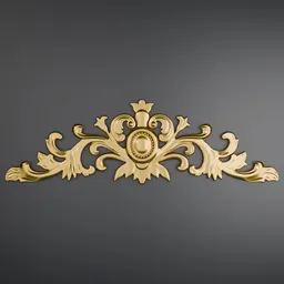 Intricate gold cartouche 3D model with ornate floral elements, designed for Blender molding and carving projects.