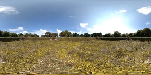 12K HDR of a peaceful garden with flowering plants and blue skies for realistic scene lighting.