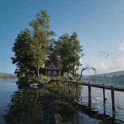 Detailed 3D island scene with rustic house and lush greenery, modeled using Blender and SpeedTree.