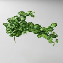 "Artificial Difenbachia plant in a vase, with twisting leaves connected via vines. Inspired by real products and created using the Bagapia addon in Blender 3D, with an atlas tree leaf texture map and in a photogrammetry cloud style."