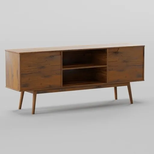 Detailed 3D rendering of a modern wooden media console with open shelves and drawers, compatible with Blender.