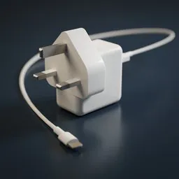 Realistic 3D model of a white iPad charger with USB cable, compatible with Blender for rendering and animation.