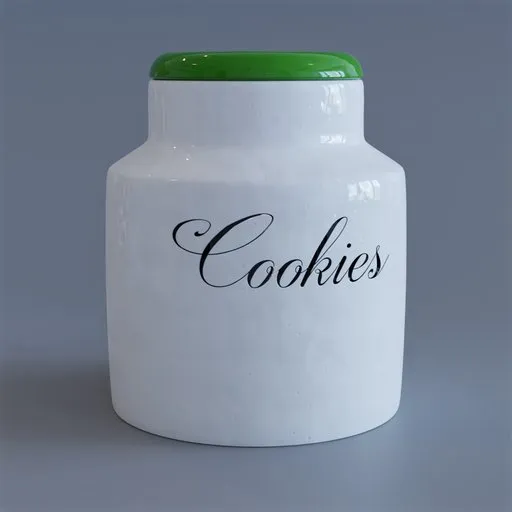 Realistic ceramic cookie jar 3D model with green lid, suitable for Blender rendering and CGI.