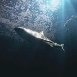 Detailed 3D model of shark in sunlit underwater scene with dynamic lighting and labeled elements for Blender.