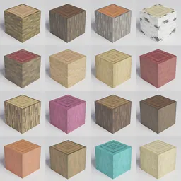 "Collection of Minecraft Trees" - This BlenderKit 3D model features a variety of different colored tree stumps and textured boxes, inspired by the popular video game. Perfect for quick and easy building in your Minecraft world using Blender 3D's snapping feature.