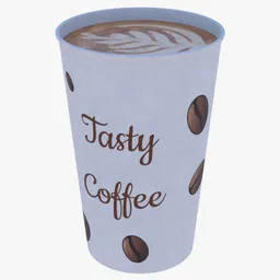 High-resolution textured 3D model of a paper coffee cup with "Tasty Coffee" print for Blender.