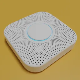 High-poly 3D Blender model of a modern smoke detector with phyllotaxic pattern and blue LED light.