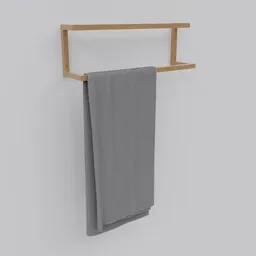 "Wooden towel rack 3D model for Blender with customizable hair system, made with Geometry Nodes. Quick assembly, Ikea-style design in a post-minimalism metal border. Rendered in Redshift with rough wooden fence and toilet paper included."