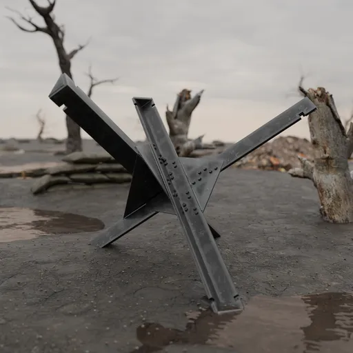 Detailed 3D model of anti-tank obstacle for military defense scenes, compatible with Blender.