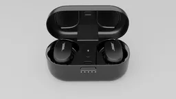 High-fidelity Blender 3D model of wireless earbuds with case, showcasing detailed separate components.