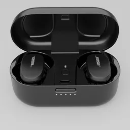 "3D model of Bose QuietComfort Earbuds in a black case, created with Blender 3D software. This detailed model features separate pieces for customization and flexibility. Perfect for Blender users seeking a high-quality 3D audio model."