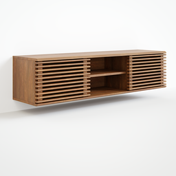 "Mid-century inspired bedroom TV stand in Blender 3D with sliding doors for concealed shelf storage. Mounts directly to the wall. Created with a simple node for door animation."