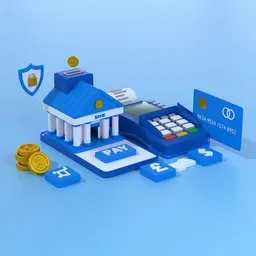 Animated Blender 3D model featuring a bank with terminal, card swipe, coins, and receipt action for finance projects.