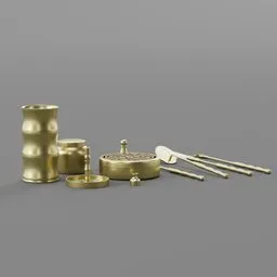 Brass Zen Incense Burner 3D model with accessories for meditation and decor, rendered in Blender.
