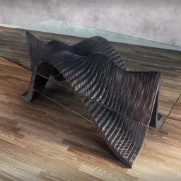 "Table Ridge Parametr 3D model - a glass table with a metal structure on a vivid dark wood table. Immerse yourself in the stunning 3D render featuring a twisted trunk, carbon fiber accents, and an artistic woodblock design. Created by Parametr Studio using Blender 3D for seamless integration into your projects."