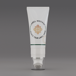 "3D model of Tube 02 with brush head, created in Blender 3D. Features a green and white labeled cream tube with a symmetrical logo and skin grain detail, inspired by various artists including Ancell Stronach and Modest Urgell. Perfect for use in graphic design and product visualizations."
