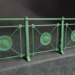 "Classic Railing: A green metal fence with decorative designs inspired by Bertalan Székely and John Henry Lorimer. This monochrome 3D model, rendered in Blender 3D, features hardsurface elements, concrete pillars, and a gatekeeper. Ideal for architectural projects and inspired by the renowned Otto Wagner design."