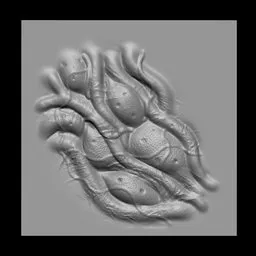 Detailed sculpted surface with intertwined tentacle-like textures and speckled eggs, suitable for Blender 3D organic modeling.