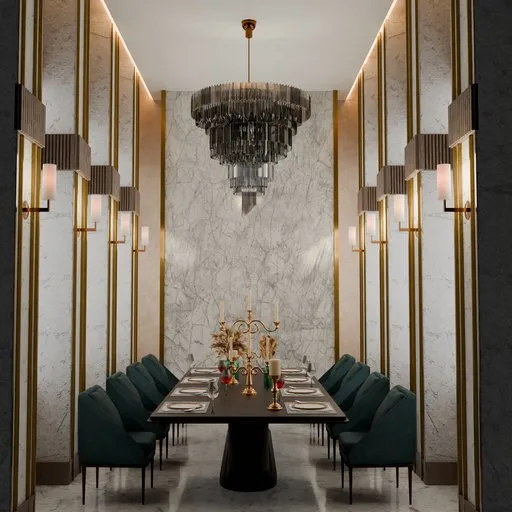 Elegant 3D-rendered dining room featuring chandelier, table set, and balanced color composition.