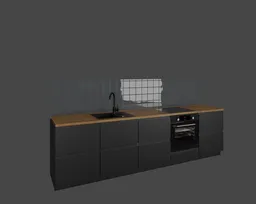 Realistic Blender 3D model showcasing a modern kitchen with appliances, sink, and wooden countertop.
