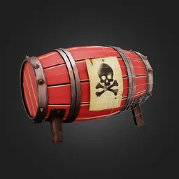 "Get your hands on this lowpoly, pirate-themed Stylized Explosive Barrel 3D model for Blender 3D. Featuring a red barrel with a skull and crossbone, wooden crates and barrels, and HDRP render, this model is inspired by Irvin Bomb and RHADS and perfect for historic military scenes."
