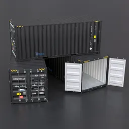 Detailed low-poly 3D model of black shipping container with movable doors for game assets, Blender compatible.