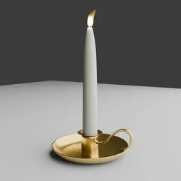 Golden low-poly Blender 3D candle holder model with white candle and dynamic flame, featuring procedural materials and real-world dimensions.