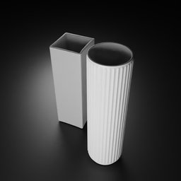 "Concept art of two vases and a trash can, placed side by side on a circle and square flower bin. Rendered in Blender 3D with octane render, featuring roman columns and white plastic textures. Created by Jenő Gyárfás, ideal for digital art projects."