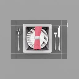 "Plate set 001 A - A photorealistic 3D model in grey colors with a pink napkin and silverware, perfect for restaurant and bar scenes in Blender 3D. This model features clean borders, a hidden portal, and a steel collar, adding an element of sophistication to your visual projects."