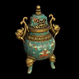 "Chinese Tripod Censer, a highly detailed A Cloisonne Enamel 3D model for Blender 3D by Ma Shi. Perfect for agriculture-inspired designs, with ornate vase, lid and stand. Available for free download at Freepoly.org."
