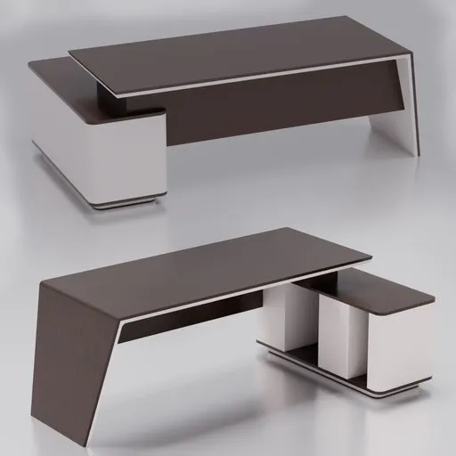 Modern 3D-rendered office desk model, showcasing a sleek design with dark wood finish, optimized for Blender 3D.