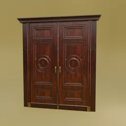 3D Blender model of an elegant wooden residential door with brass handles and worn texture, low poly with packed channels.